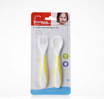 mumlove mini bi-color plastic baby feeding fork and spoon set d6303