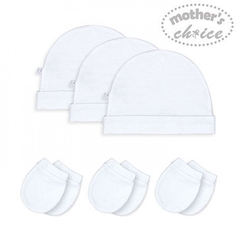 Mother's Choice All-White 3 Pack Hats  + 3 Pack Mittens