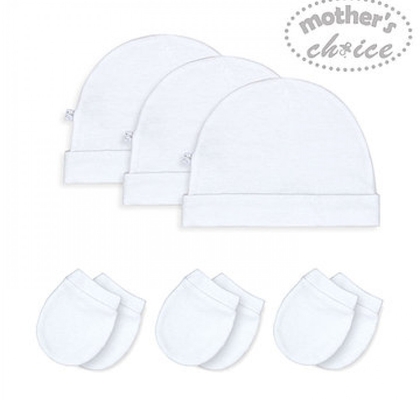 mother's choice all-white 3 pack hats  + 3 pack mittens